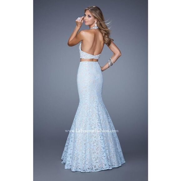 La Femme Two Piece Blue Lace Mermaid Skirt & Halter Long Prom Dress Gown 6 NWT - Picture 2 of 14